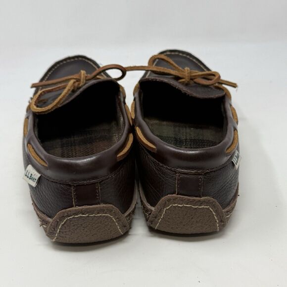 LL Bean Slippers Mens 9 M Brown Leather Flannel Lined Handsewn Moccasin Shoes - Picture 10 of 16